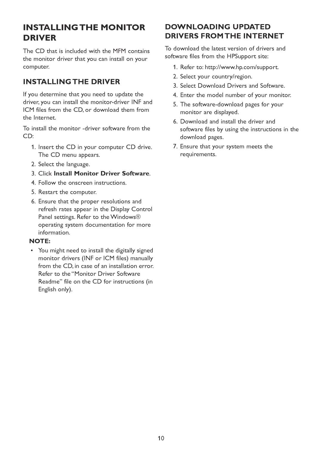 HP 2310mfd manual Installing the Monitor Driver, Installing the Driver, Downloading Updated Drivers from the Internet 