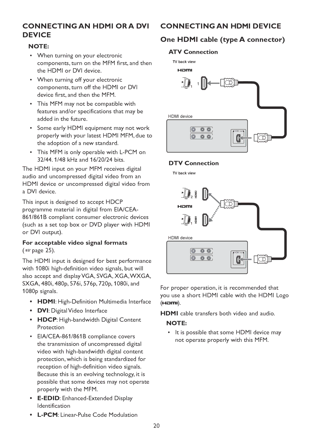 HP 2310mfd manual Connecting AN Hdmi or a DVI Device, Connecting AN Hdmi Device One Hdmi cable type a connector 