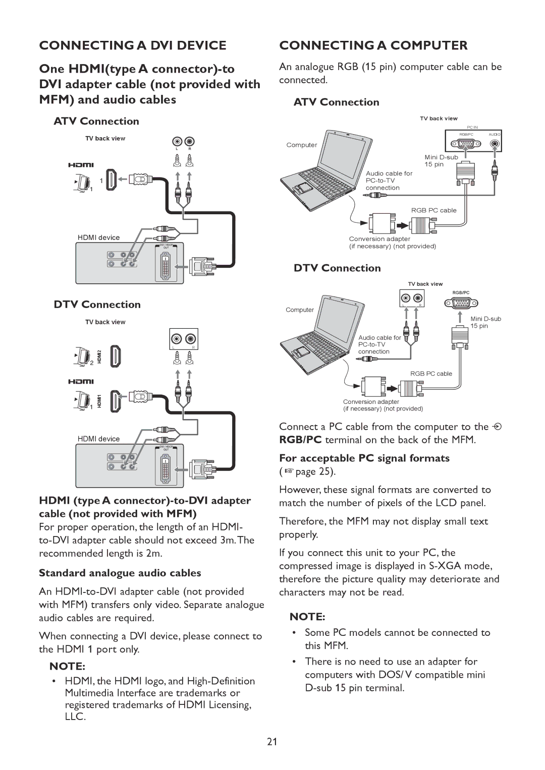 HP 2310mfd manual Connecting a DVI Device, Connecting a Computer, Standard analogue audio cables 