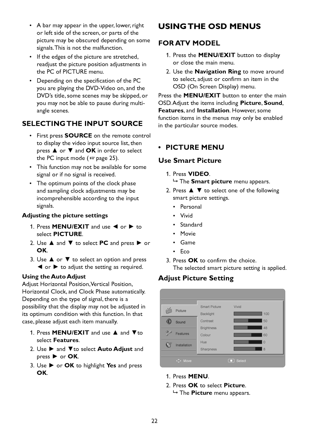 HP 2310mfd manual Using the OSD Menus, Selecting the Input Source, For ATV Model, Picture Menu Use Smart Picture 