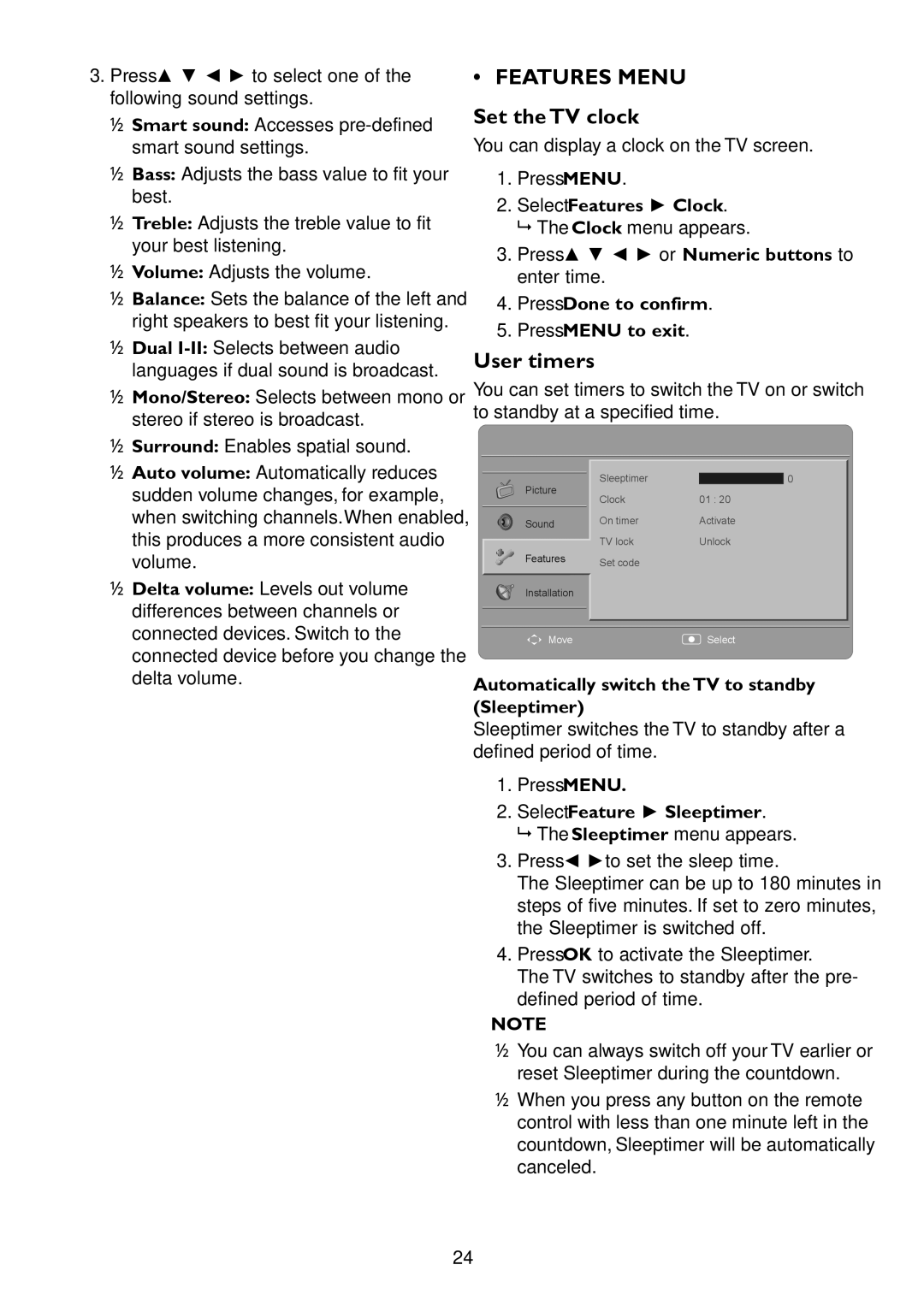 HP 2310mfd manual Features Menu Set the TV clock, User timers 