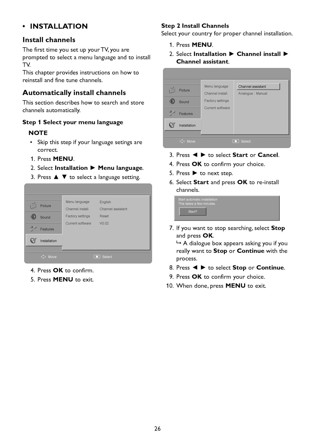 HP 2310mfd manual Installation Install channels, Automatically install channels 