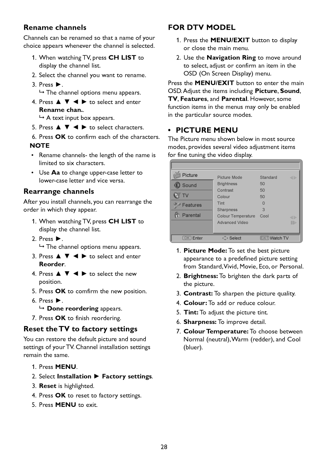 HP 2310mfd manual Rename channels, Rearrange channels, Reset the TV to factory settings, For DTV Model, Picture Menu 