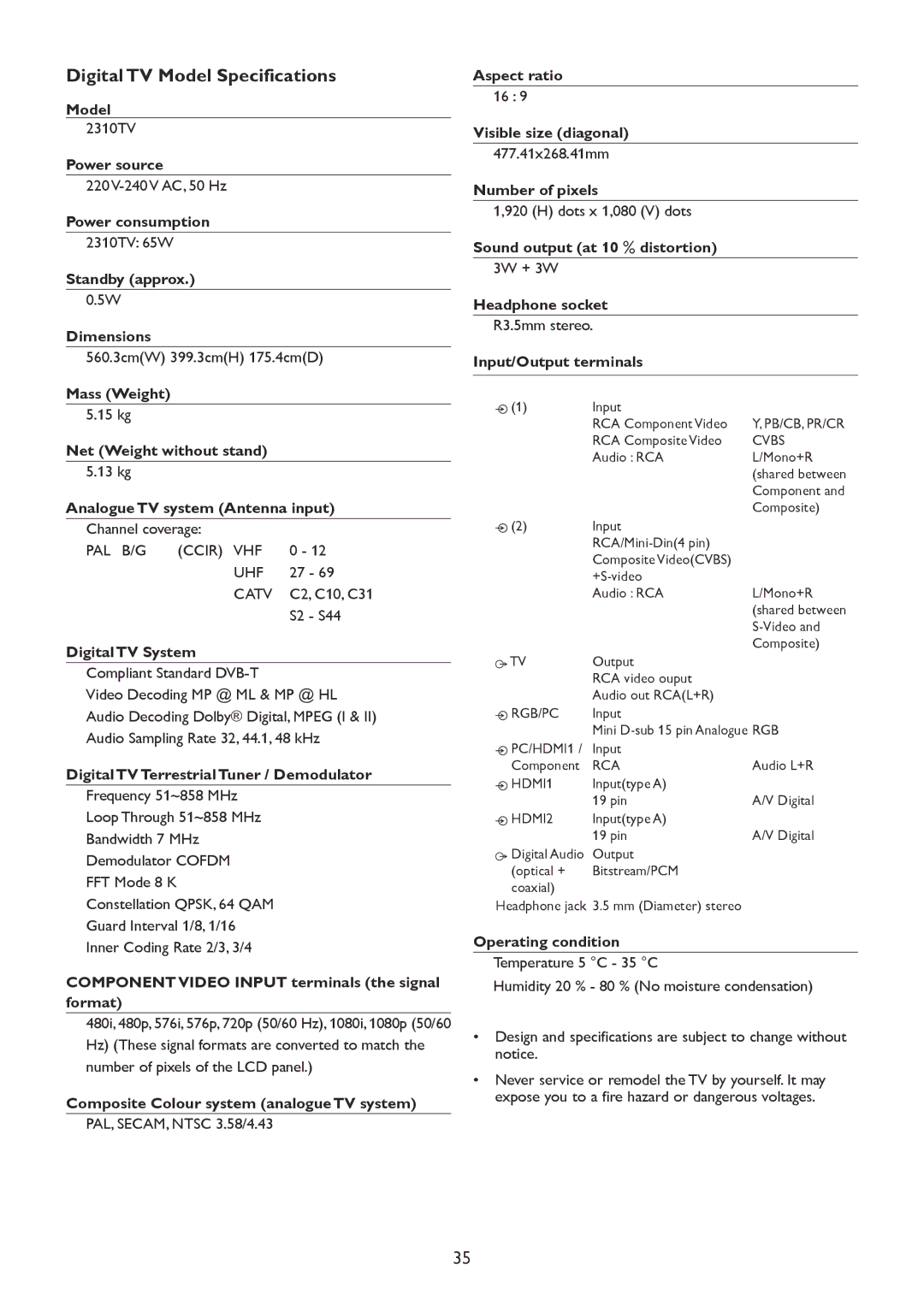 HP 2310mfd manual Digital TV Model Specifications, Digital TV System 