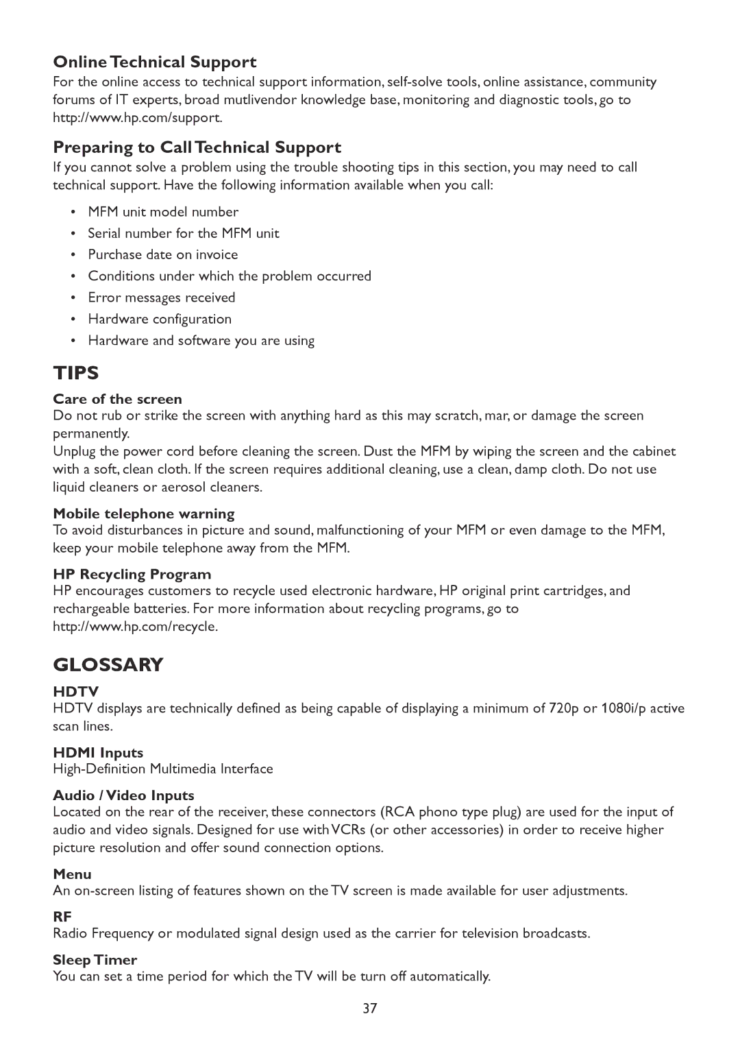 HP 2310mfd manual Tips, Glossary 