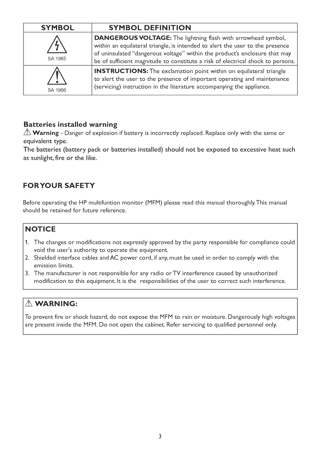 HP 2310mfd manual Symbol Definition, Batteries installed warning, Foryour Safety 