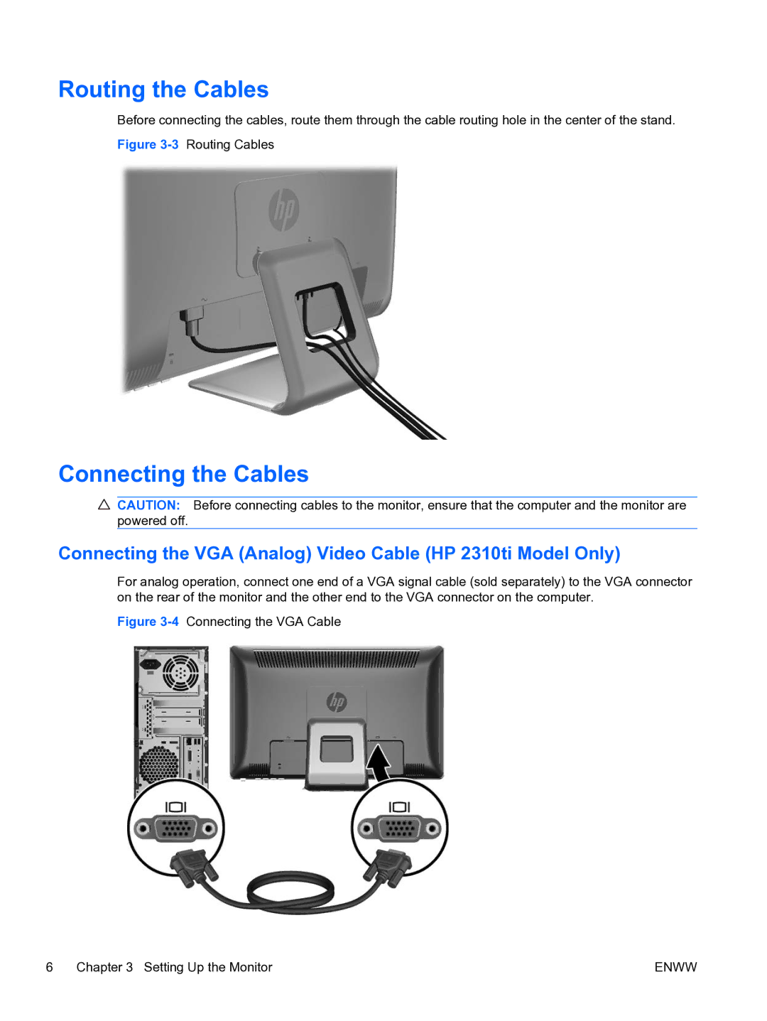 HP 2310TI manual Routing the Cables, Connecting the Cables, Connecting the VGA Analog Video Cable HP 2310ti Model Only 