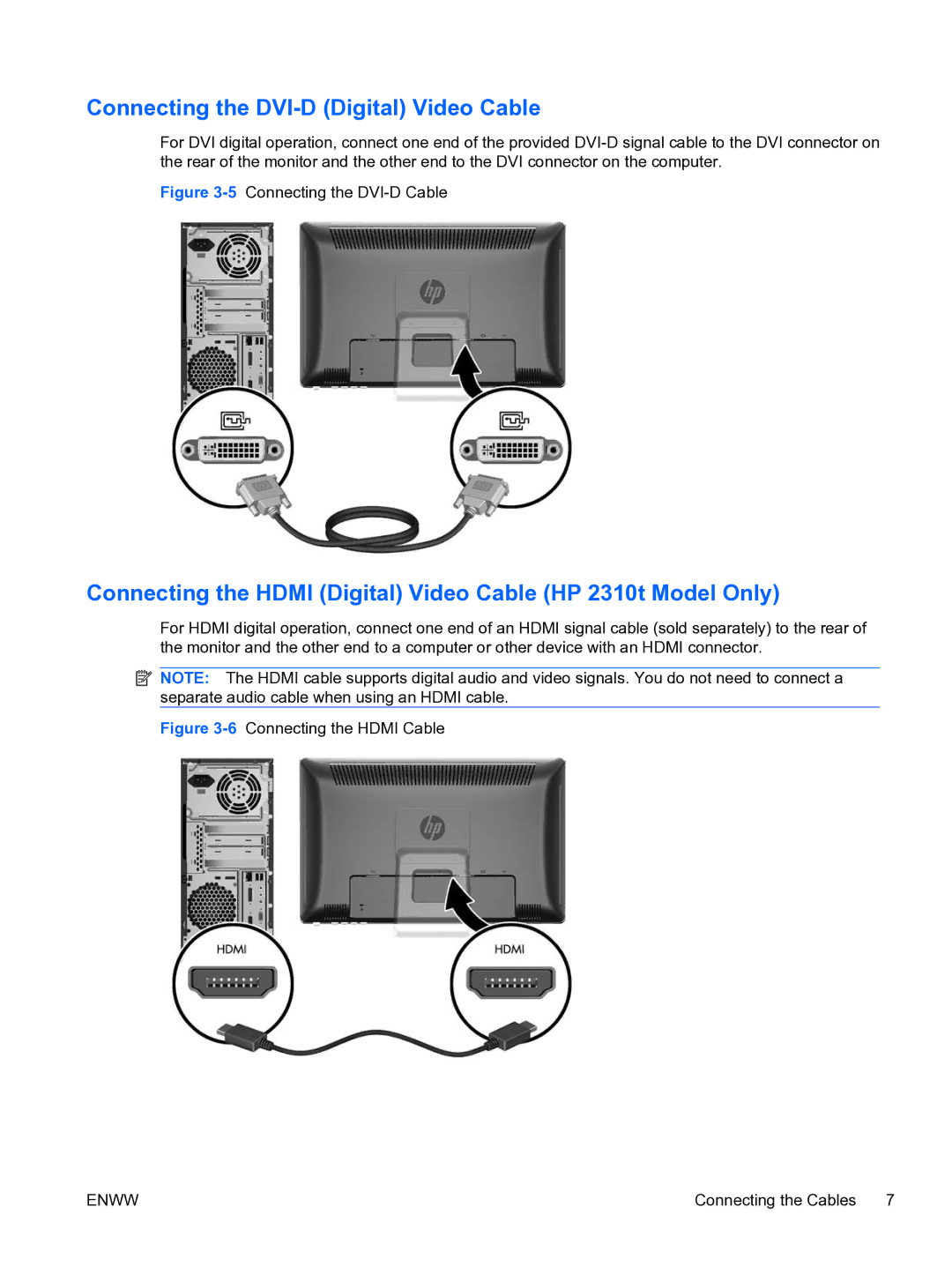 HP 2310TI manual Connecting the DVI-D Digital Video Cable, Connecting the Hdmi Digital Video Cable HP 2310t Model Only 