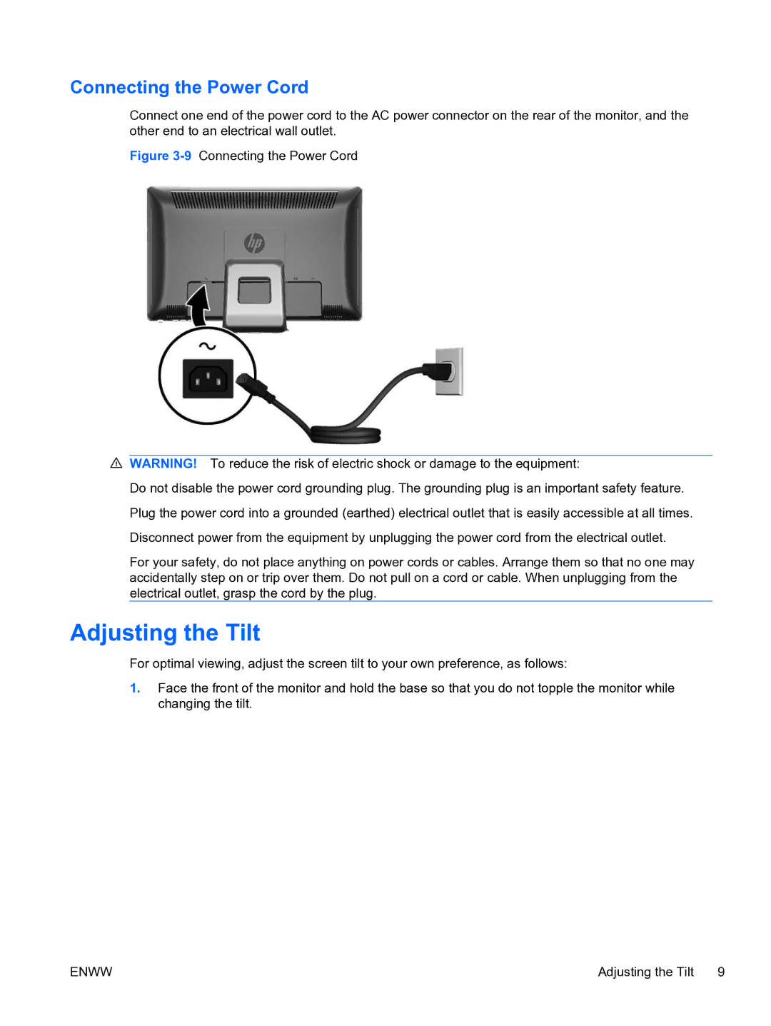 HP 2310TI manual Adjusting the Tilt, Connecting the Power Cord 