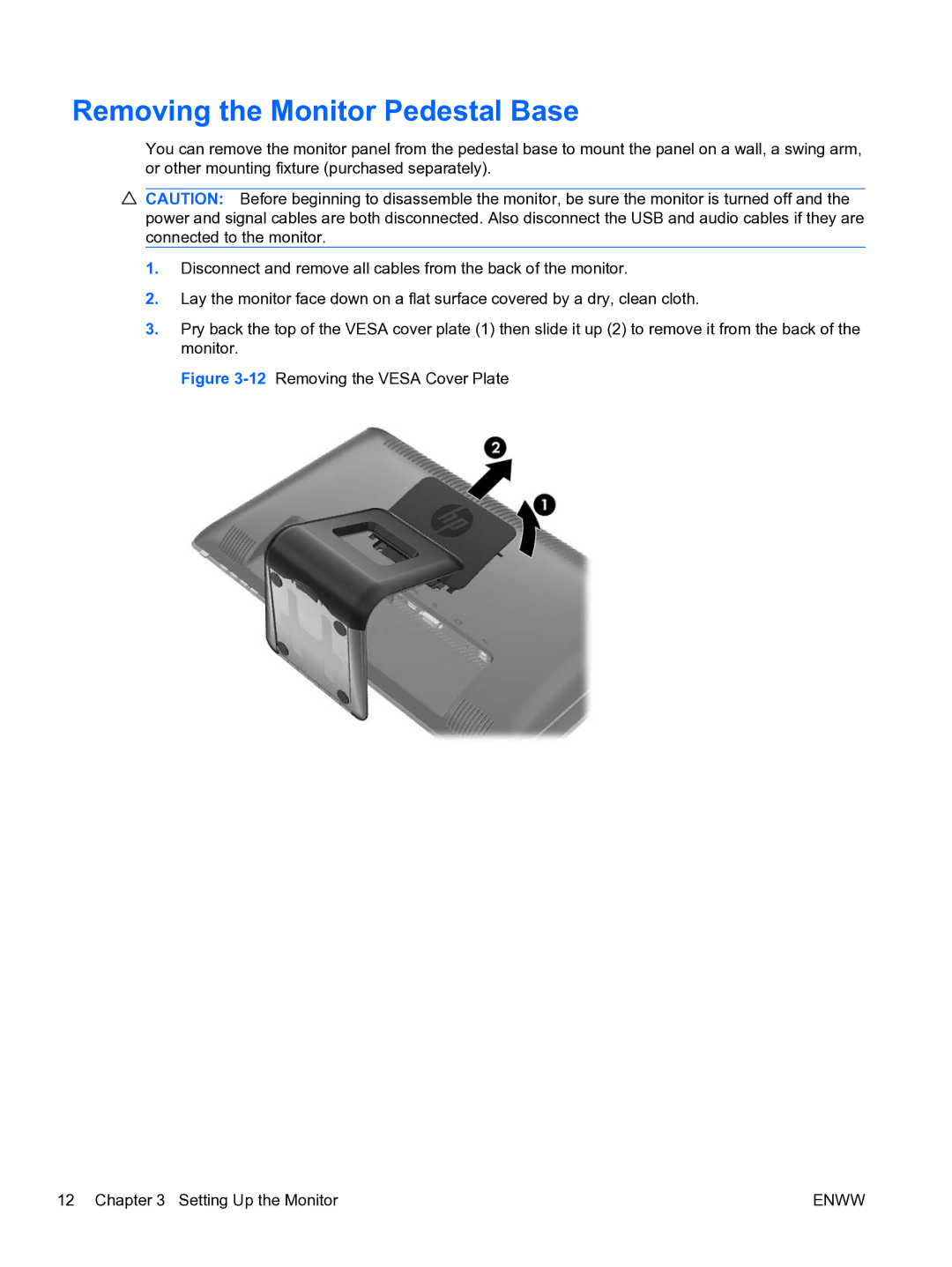 HP 2310TI manual Removing the Monitor Pedestal Base, 12Removing the Vesa Cover Plate Setting Up the Monitor 