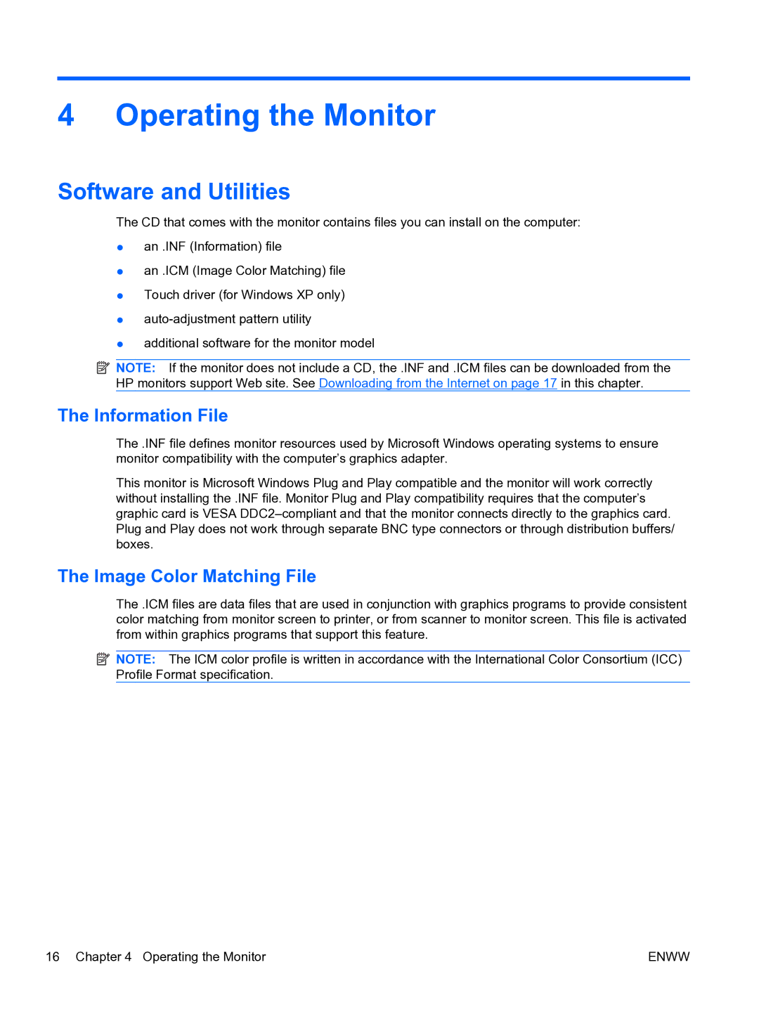 HP 2310TI manual Operating the Monitor, Software and Utilities, Information File, Image Color Matching File 