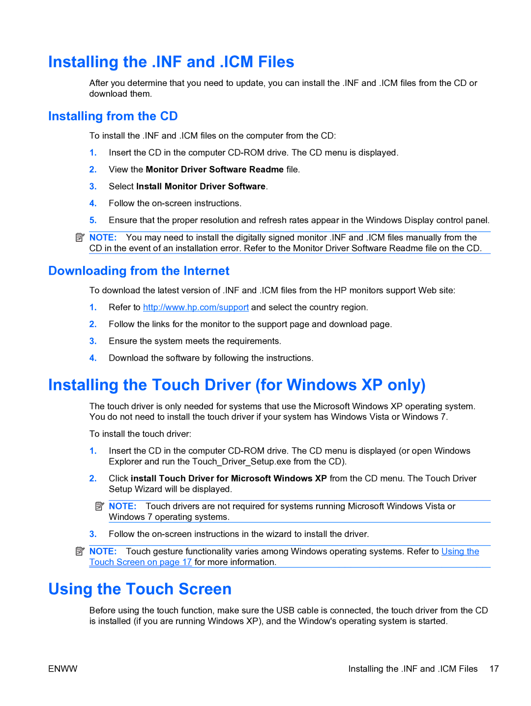 HP 2310TI Installing the .INF and .ICM Files, Installing the Touch Driver for Windows XP only, Using the Touch Screen 