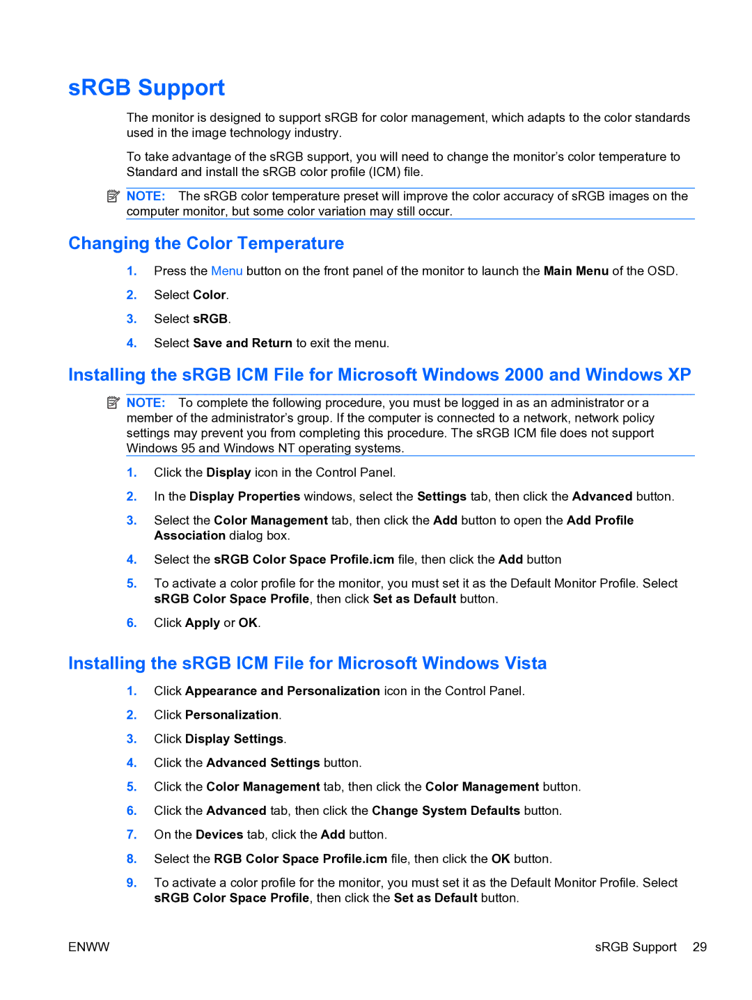 HP 2310TI manual SRGB Support, Changing the Color Temperature, Installing the sRGB ICM File for Microsoft Windows Vista 