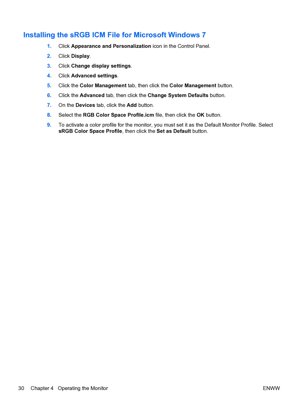 HP 2310TI manual Installing the sRGB ICM File for Microsoft Windows, Click Change display settings Click Advanced settings 