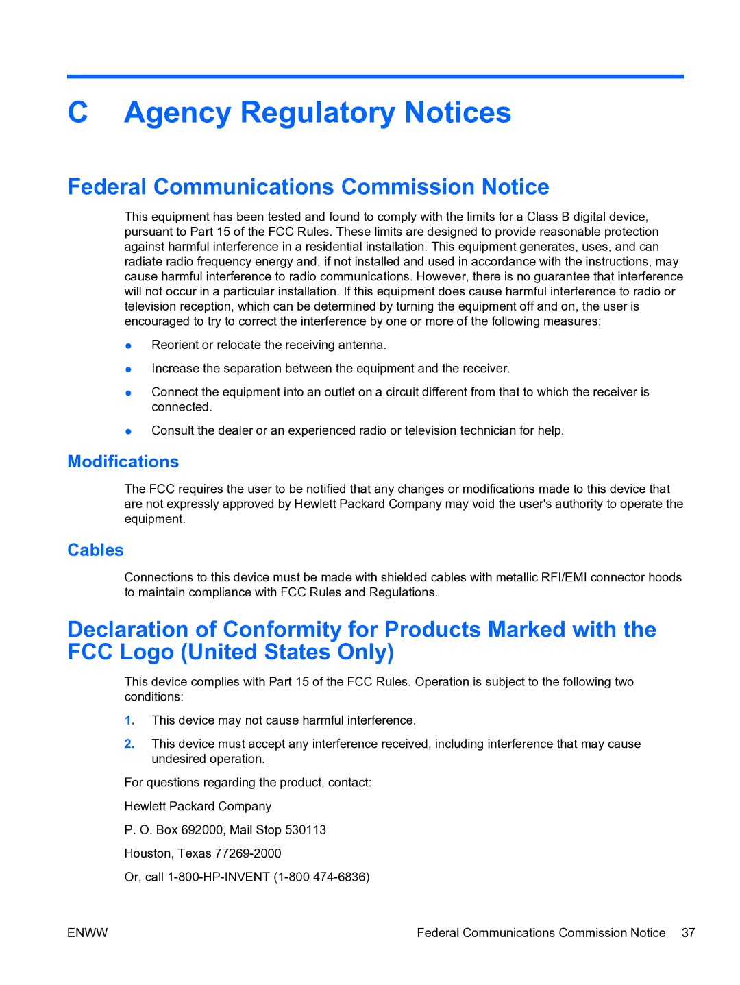 HP 2310TI manual Agency Regulatory Notices, Federal Communications Commission Notice, Modifications, Cables 