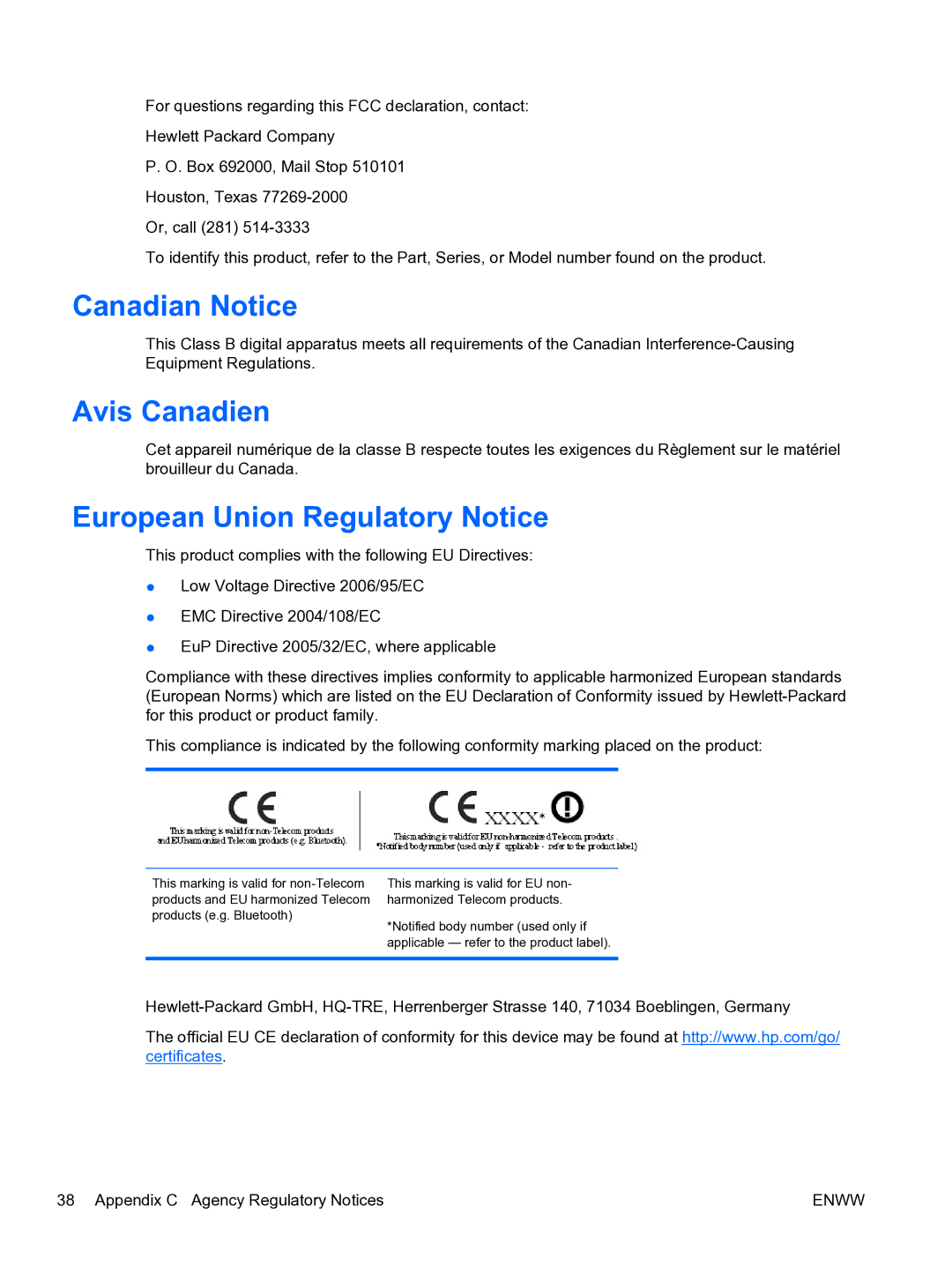 HP 2310TI manual Canadian Notice, Avis Canadien, European Union Regulatory Notice 