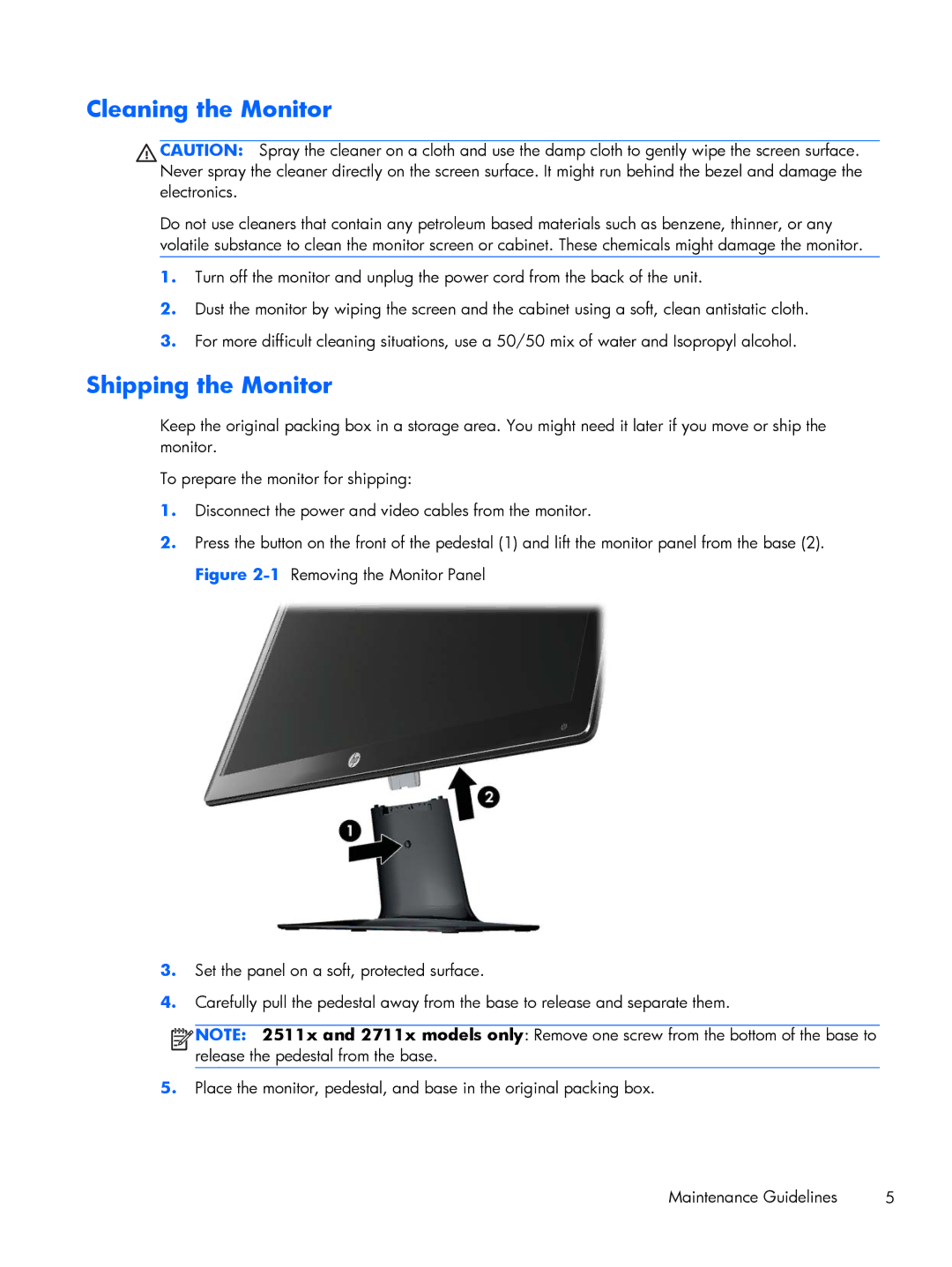 HP 2311XI, 2311F, 2311CM, 2211F manual Cleaning the Monitor, Shipping the Monitor 