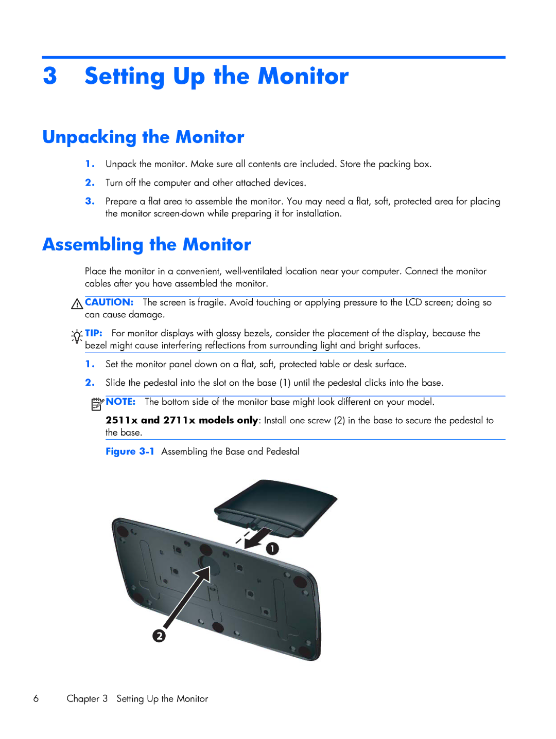 HP 2311F, 2311CM, 2211F, 2311XI manual Setting Up the Monitor, Unpacking the Monitor, Assembling the Monitor 