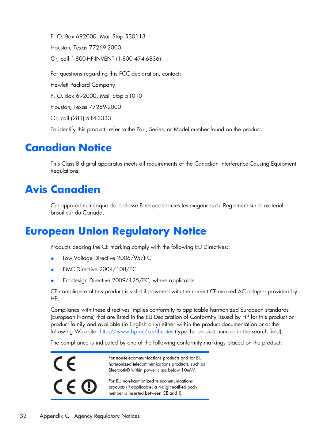 HP 2211F, 2311F, 2311CM, 2311XI manual Canadian Notice, Avis Canadien, European Union Regulatory Notice 