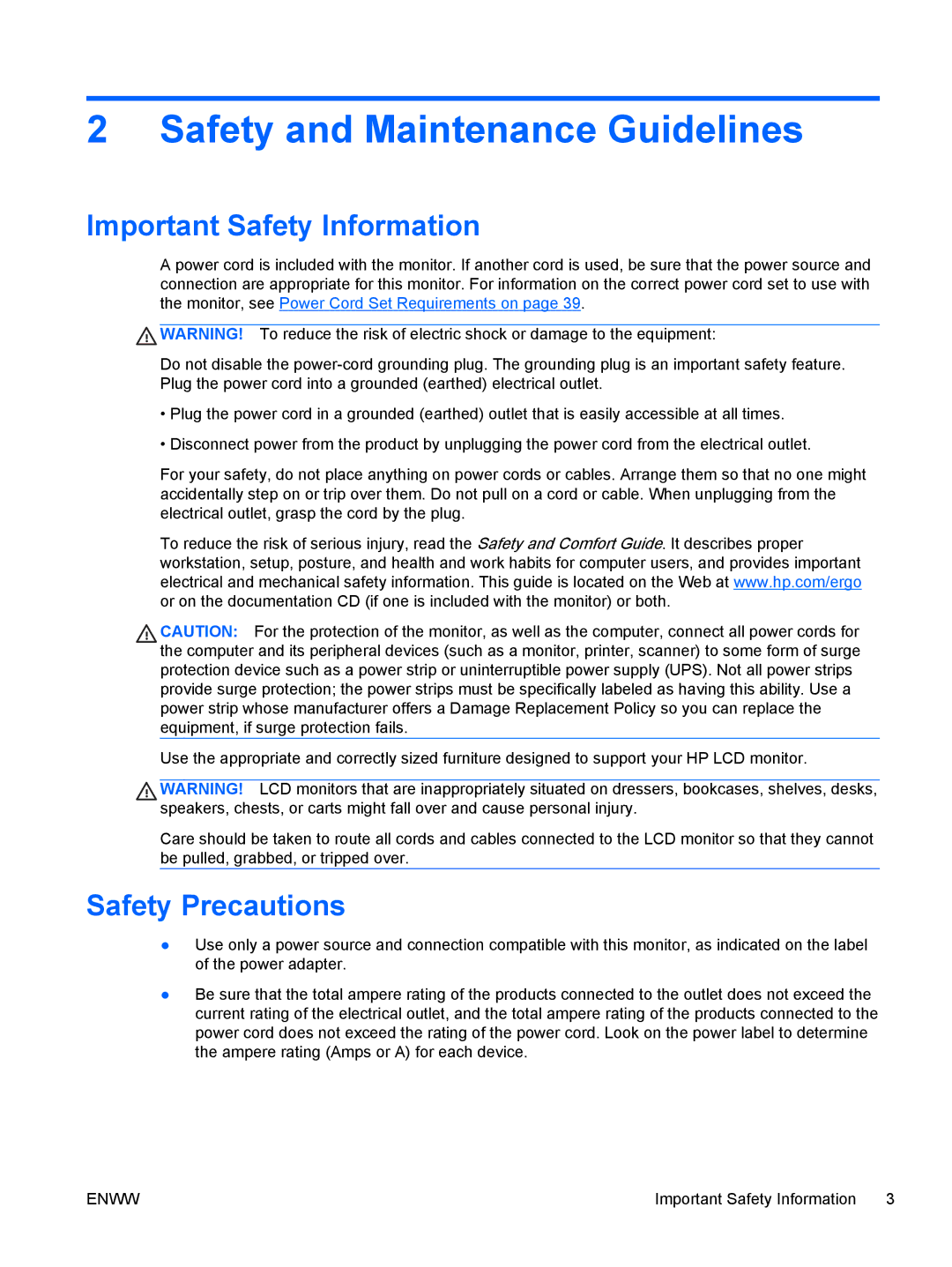 HP 2311gt Diagonal 3D manual Safety and Maintenance Guidelines, Important Safety Information, Safety Precautions 