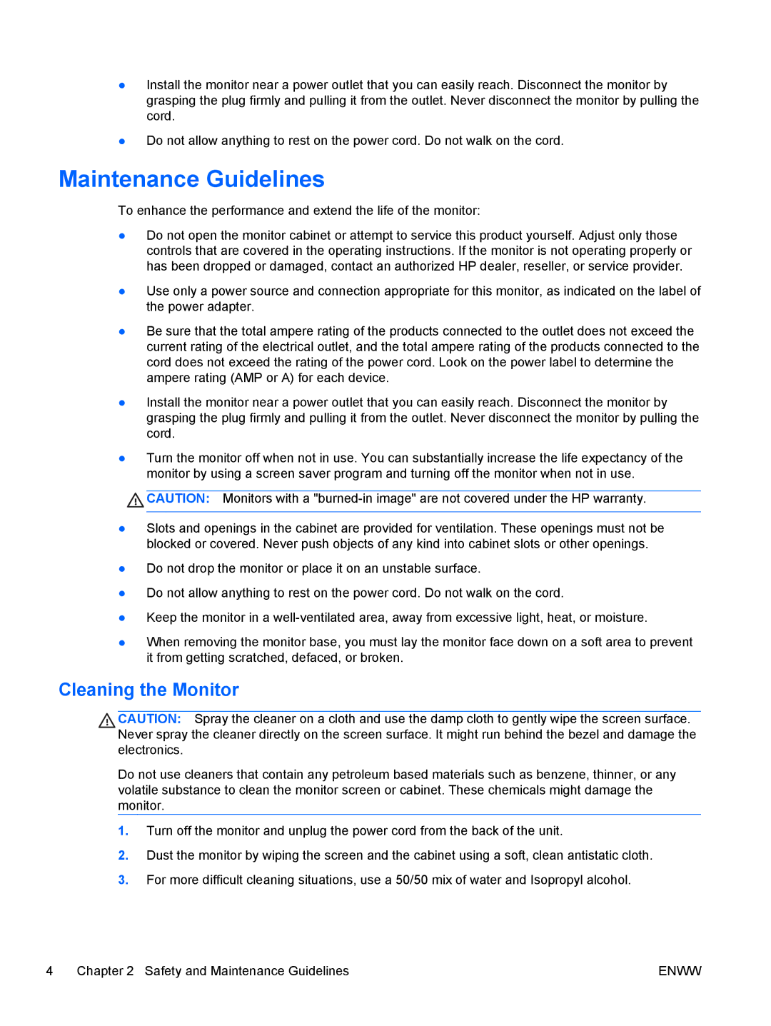 HP 2311gt Diagonal 3D manual Maintenance Guidelines, Cleaning the Monitor 