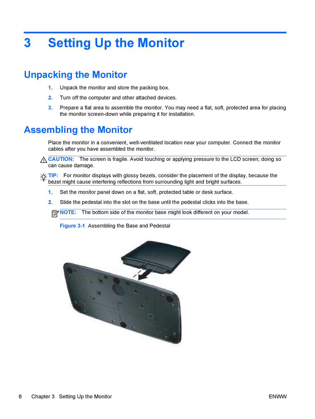 HP 2311gt Diagonal 3D manual Setting Up the Monitor, Unpacking the Monitor, Assembling the Monitor 