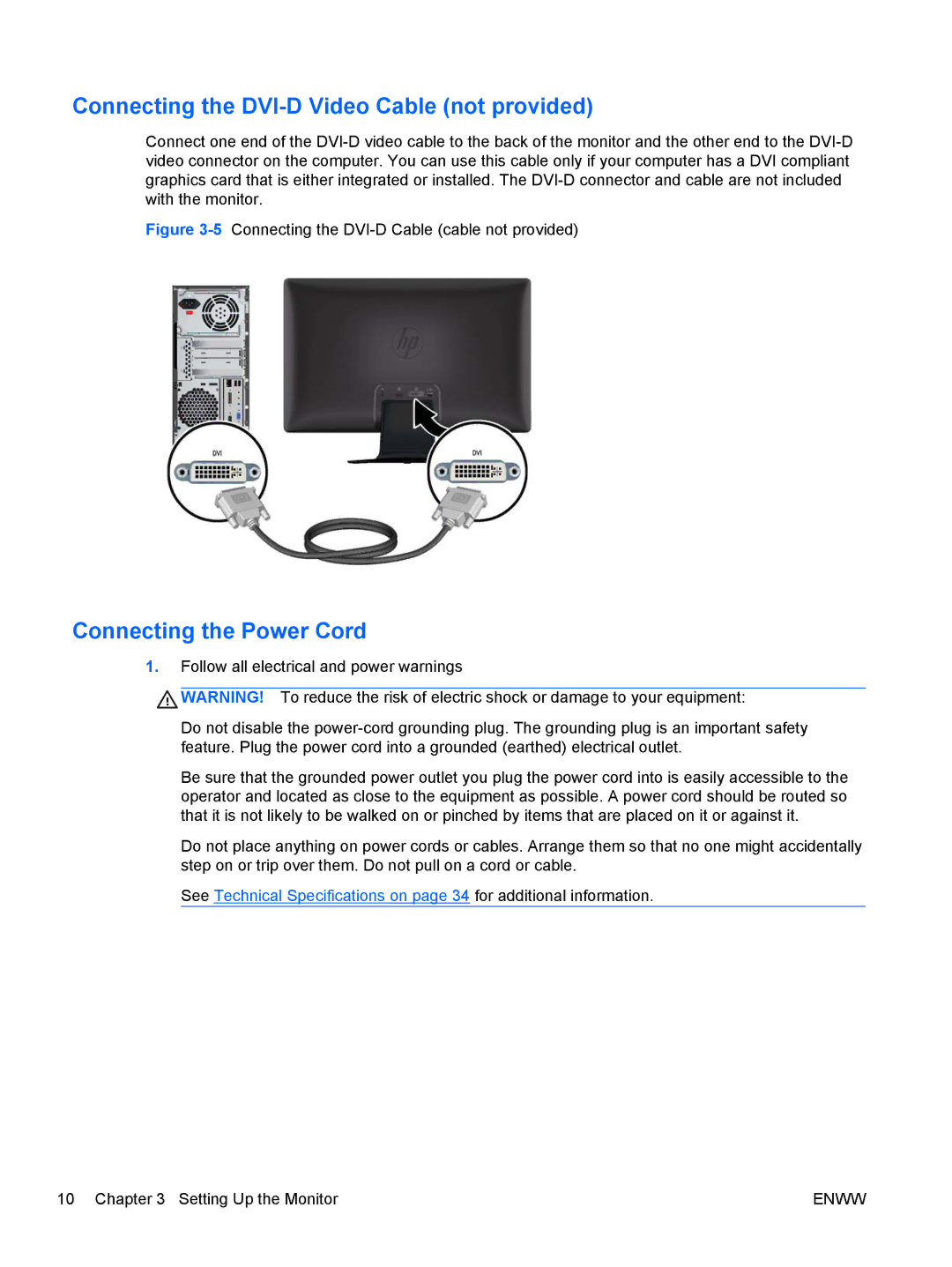 HP 2311gt Diagonal 3D manual Connecting the DVI-D Video Cable not provided, Connecting the Power Cord 