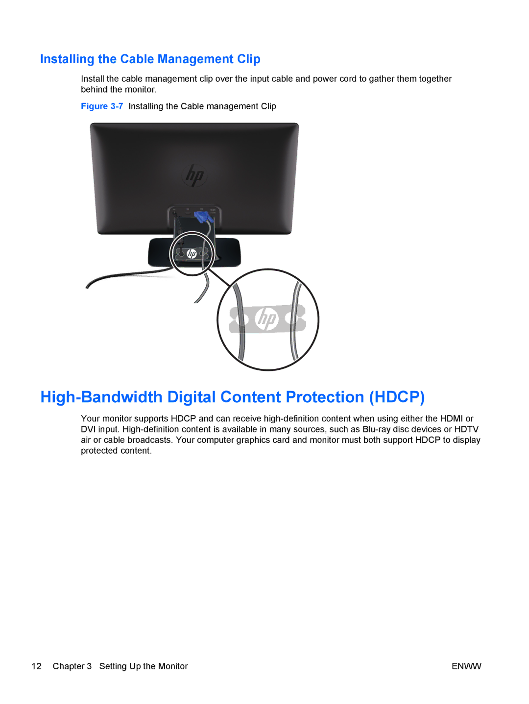 HP 2311gt Diagonal 3D manual High-Bandwidth Digital Content Protection Hdcp, Installing the Cable Management Clip 