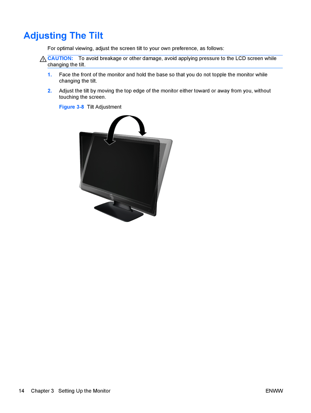 HP 2311gt Diagonal 3D manual Adjusting The Tilt, 8Tilt Adjustment Setting Up the Monitor 