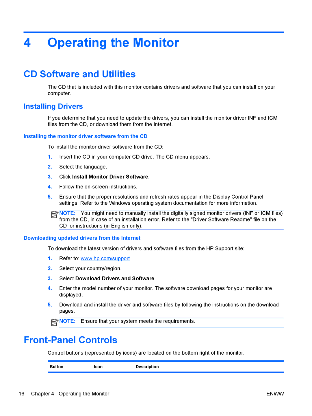 HP 2311gt Diagonal 3D manual Operating the Monitor, CD Software and Utilities, Front-Panel Controls, Installing Drivers 