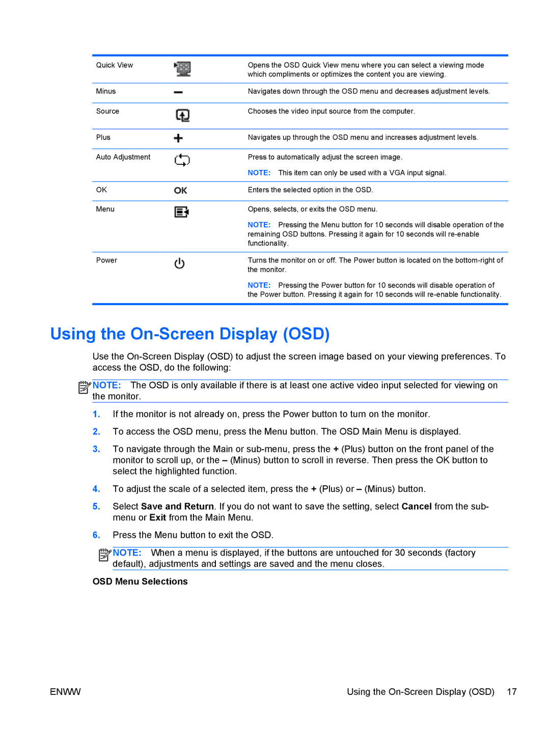 HP 2311gt Diagonal 3D manual Using the On-Screen Display OSD, OSD Menu Selections 