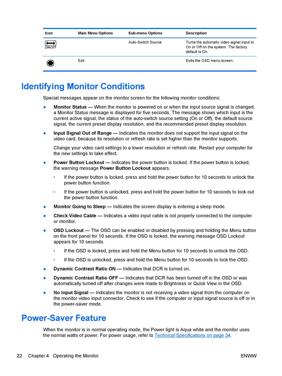 HP 2311gt Diagonal 3D manual Identifying Monitor Conditions, Power-Saver Feature 