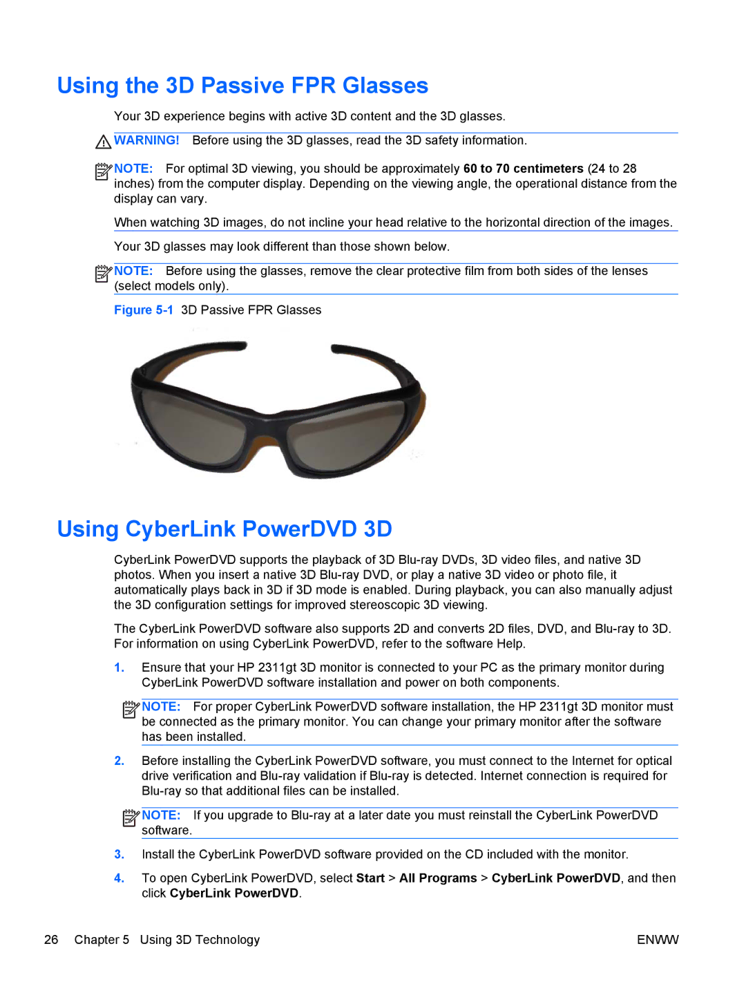 HP 2311gt Diagonal 3D manual Using the 3D Passive FPR Glasses, Using CyberLink PowerDVD 3D 