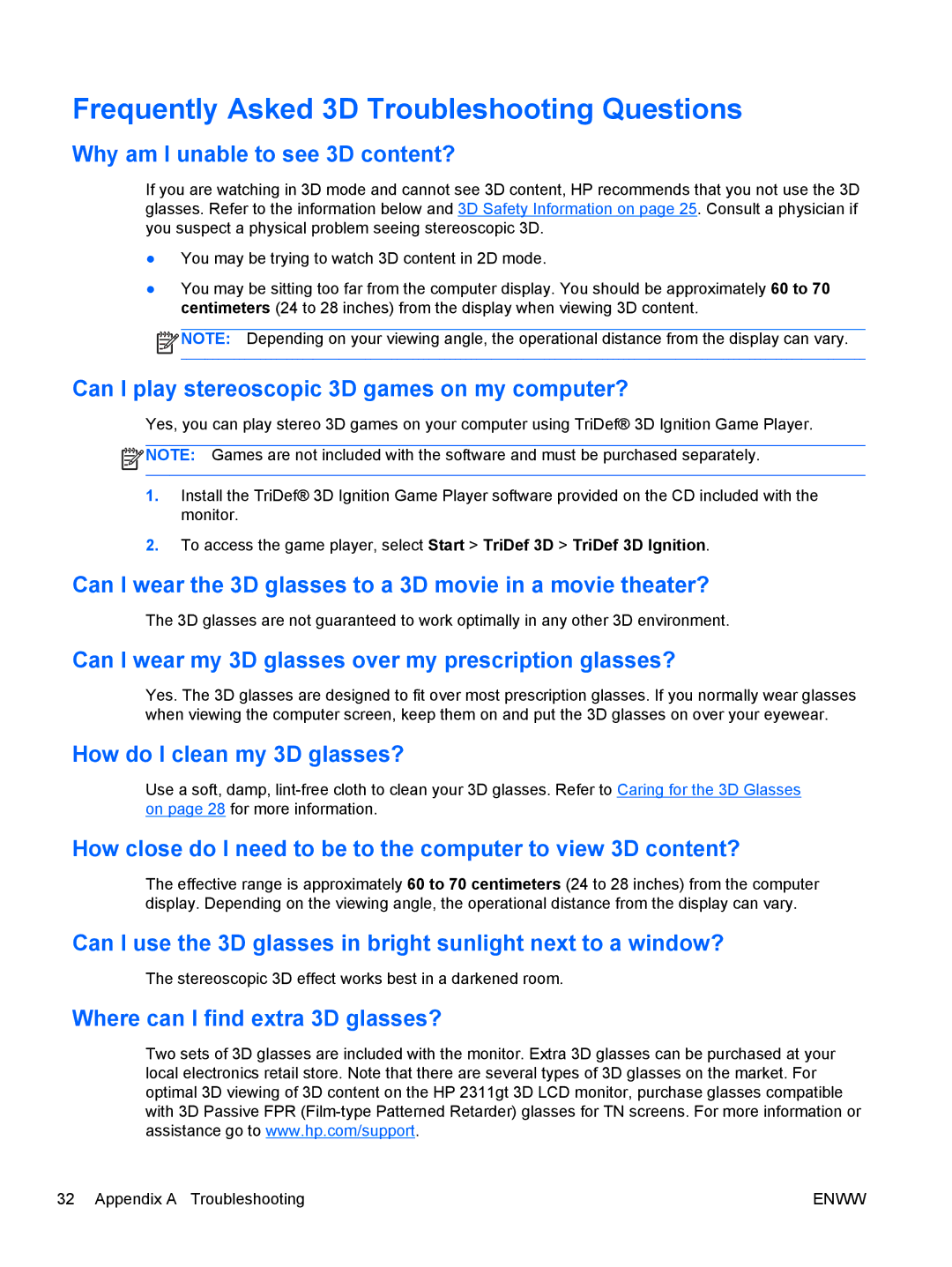 HP 2311gt Diagonal 3D manual Frequently Asked 3D Troubleshooting Questions 