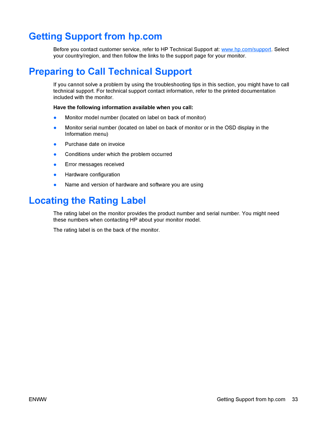 HP 2311gt Diagonal 3D manual Locating the Rating Label, Have the following information available when you call 