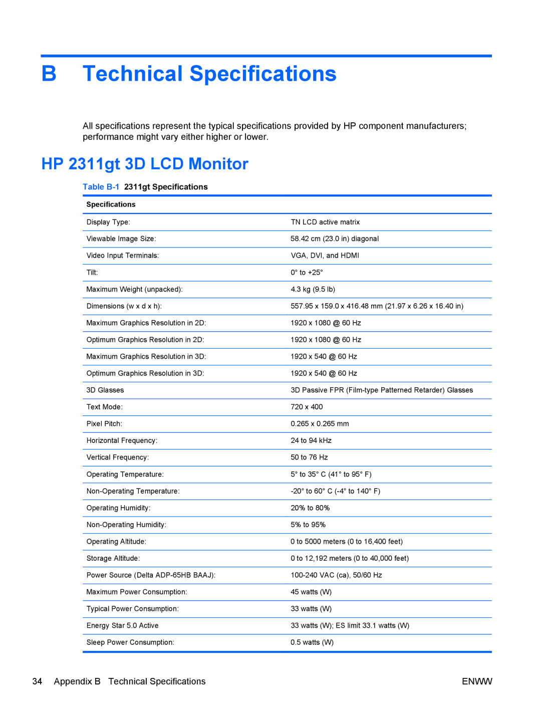 HP 2311gt Diagonal 3D manual Technical Specifications, Table B-12311gt Specifications 