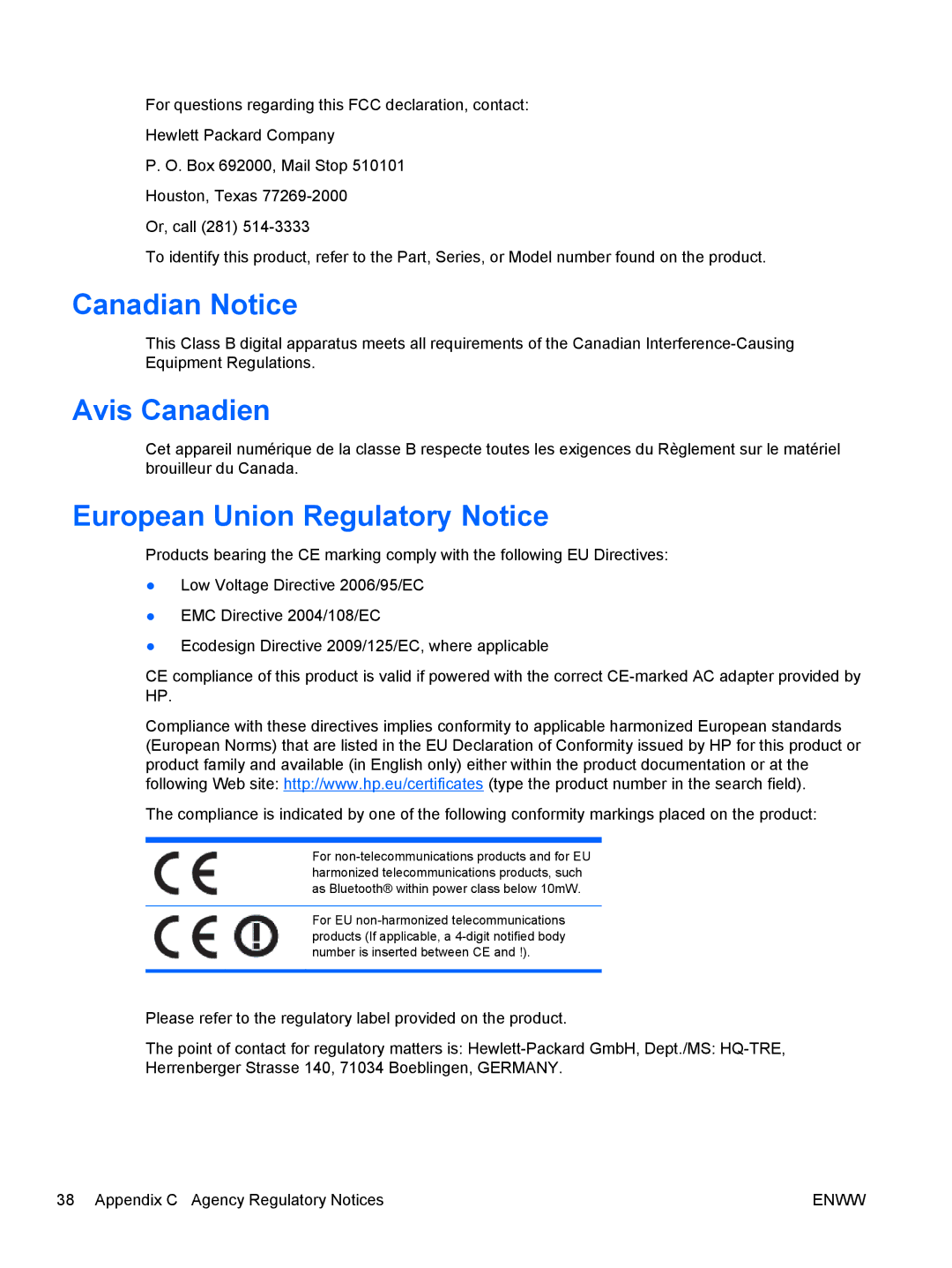 HP 2311gt Diagonal 3D manual Canadian Notice, Avis Canadien, European Union Regulatory Notice 