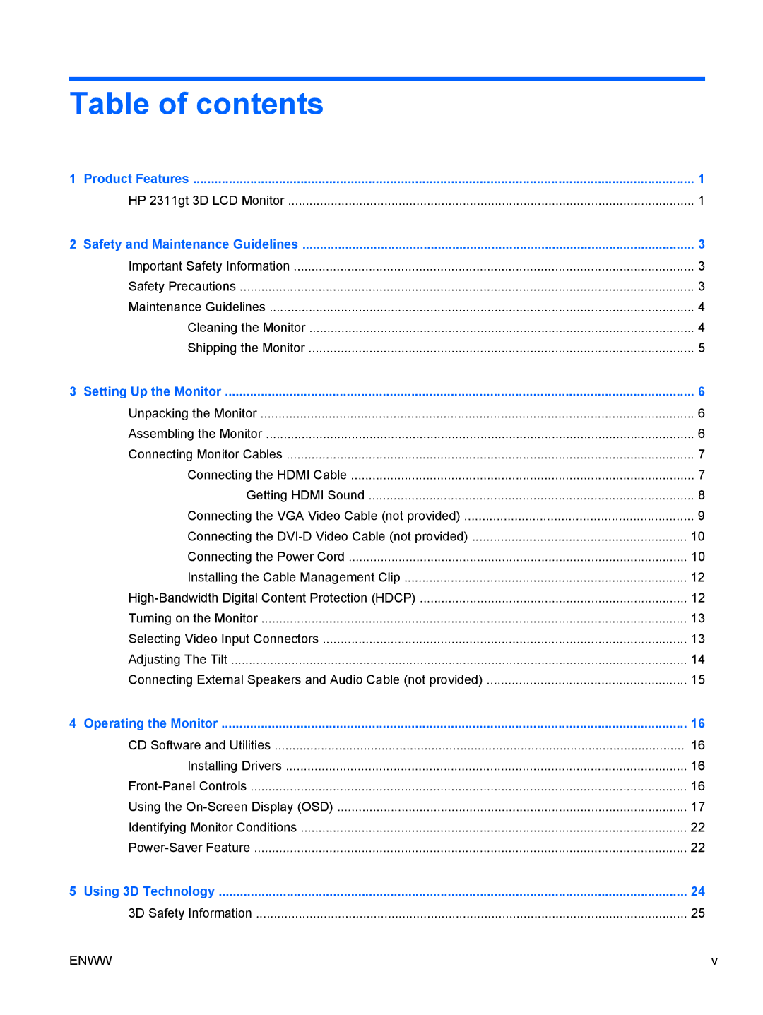 HP 2311gt Diagonal 3D manual Table of contents 