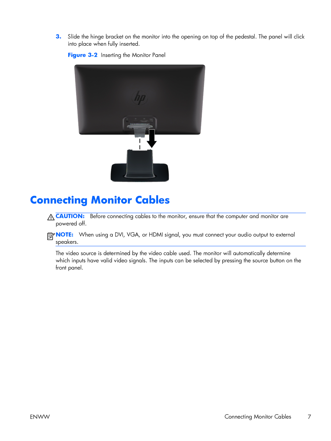 HP 2211F, 2311x, 2311F, 2311CM, 2711x, 2211x, 2011x, 2011S manual Connecting Monitor Cables, 2Inserting the Monitor Panel 