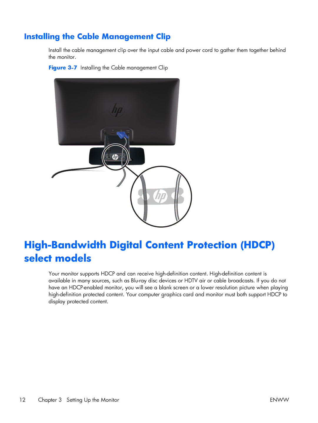 HP 2311CM, 2311x, 2311F High-Bandwidth Digital Content Protection Hdcp select models, Installing the Cable Management Clip 