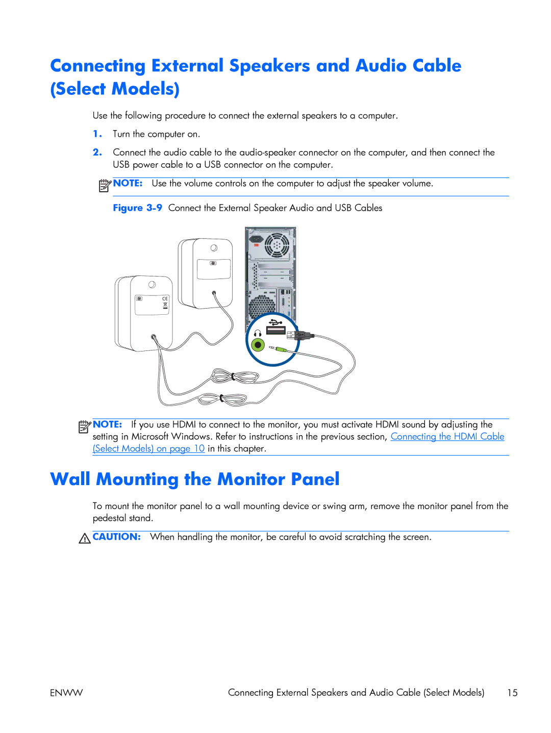 HP 2211F, 2311x, 2311F, 2311CM Connecting External Speakers and Audio Cable Select Models, Wall Mounting the Monitor Panel 