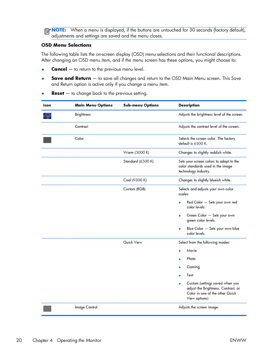 HP 2311CM, 2311x, 2311F, 2711x, 2211x, 2211F, 2011x, 2011S manual OSD Menu Selections 