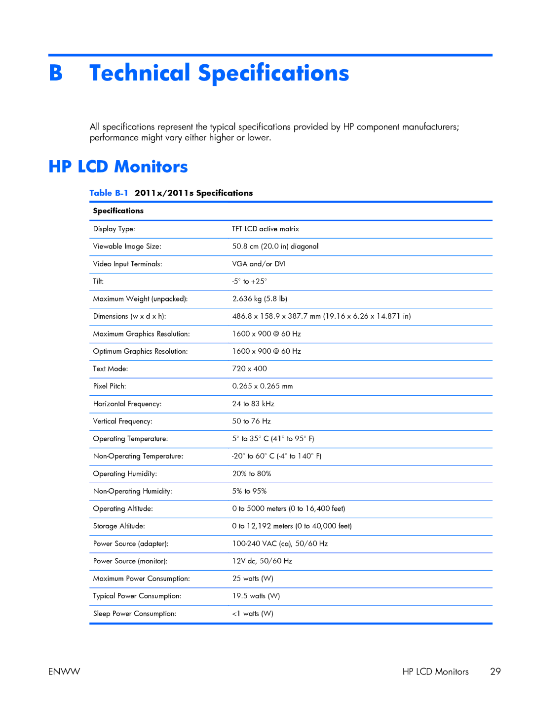 HP 2711x, 2311x, 2311F, 2311CM, 2211x, 2211F Technical Specifications, HP LCD Monitors, Table B-12011x/2011s Specifications 