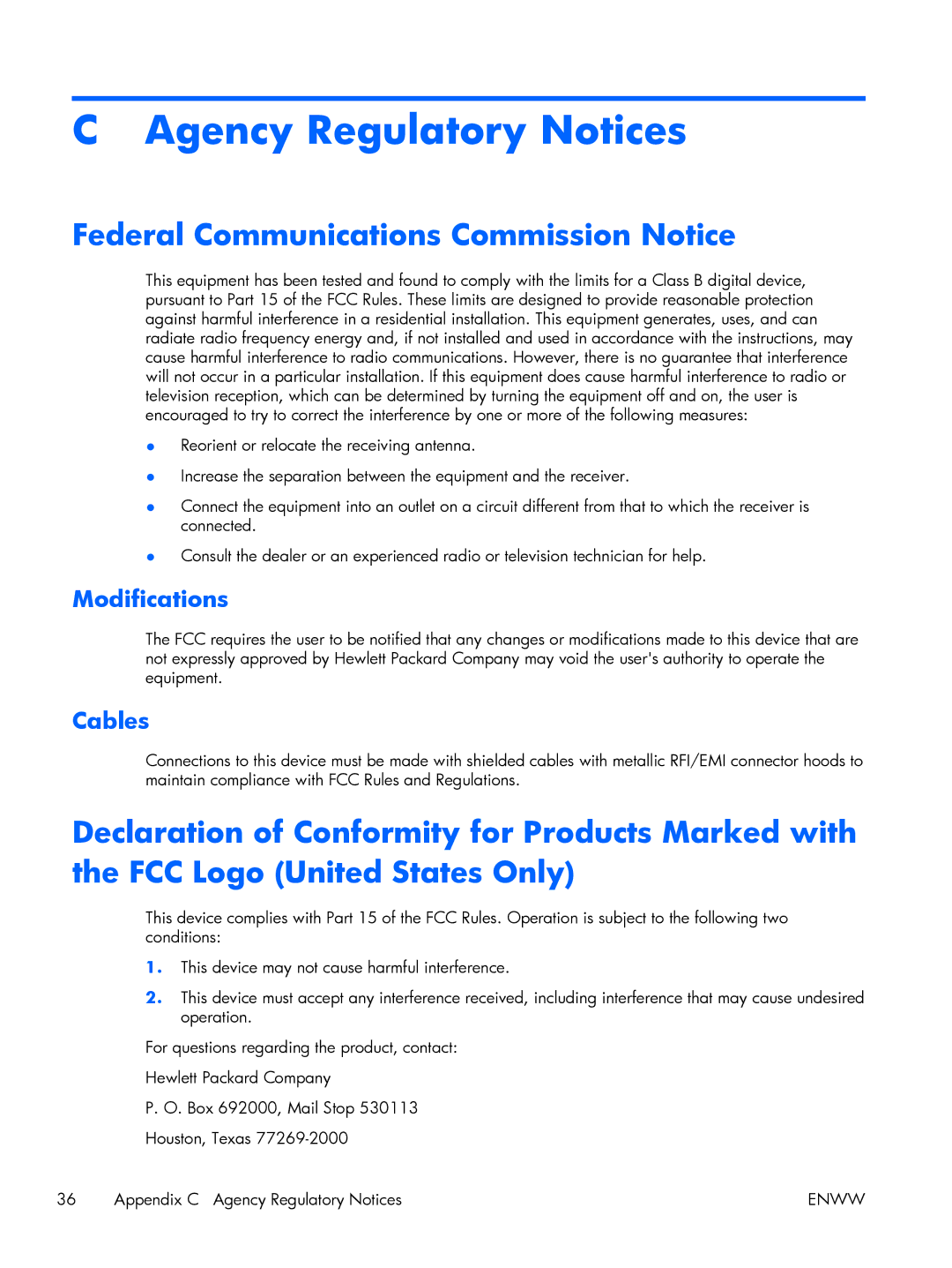 HP 2311CM, 2311x, 2311F, 2711x Agency Regulatory Notices, Federal Communications Commission Notice, Modifications, Cables 