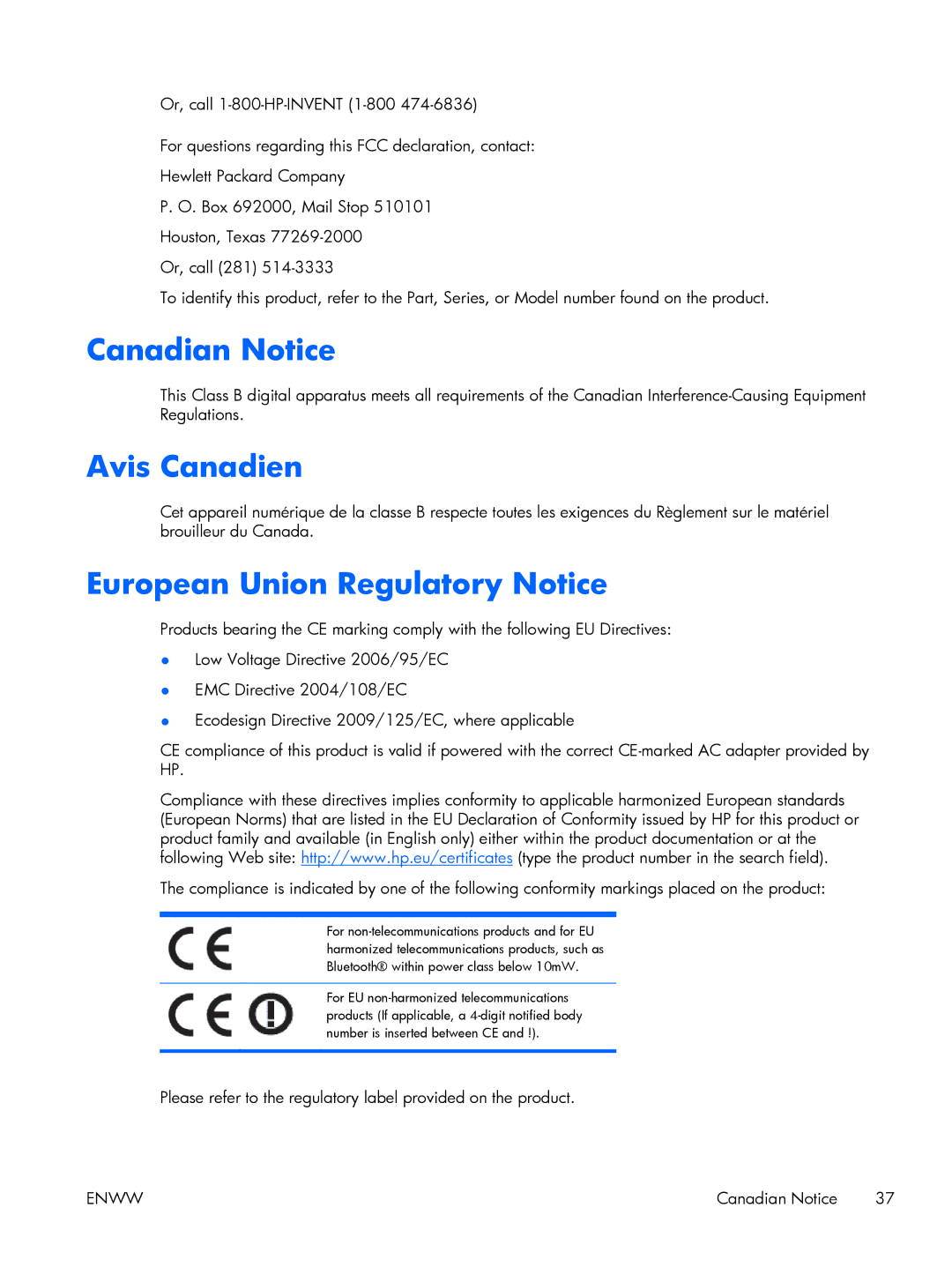 HP 2711x, 2311x, 2311F, 2311CM, 2211x, 2211F, 2011x, 2011S manual Canadian Notice, Avis Canadien, European Union Regulatory Notice 