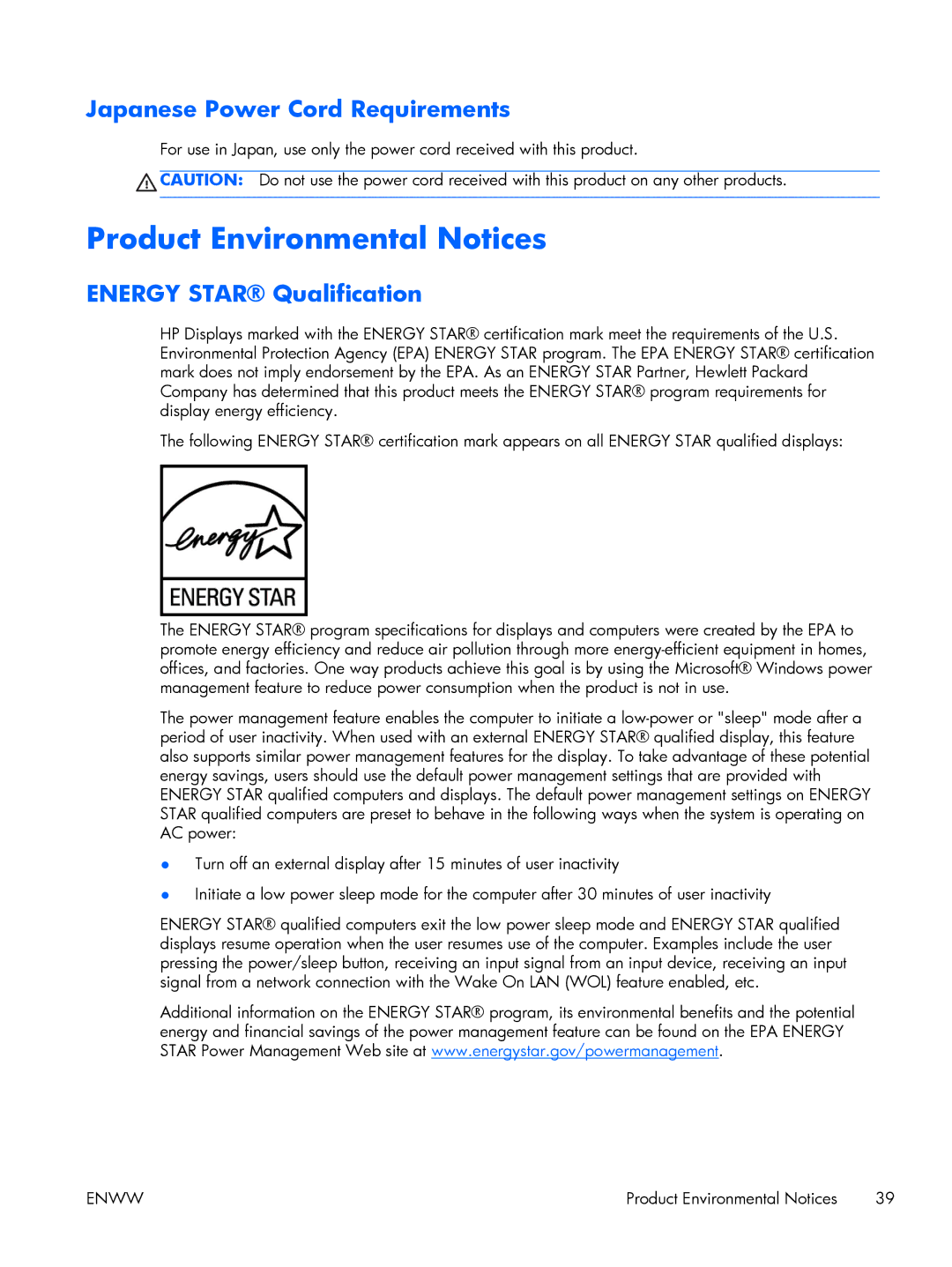 HP 2211F, 2311x, 2311F, 2311CM Product Environmental Notices, Japanese Power Cord Requirements, Energy Star Qualification 