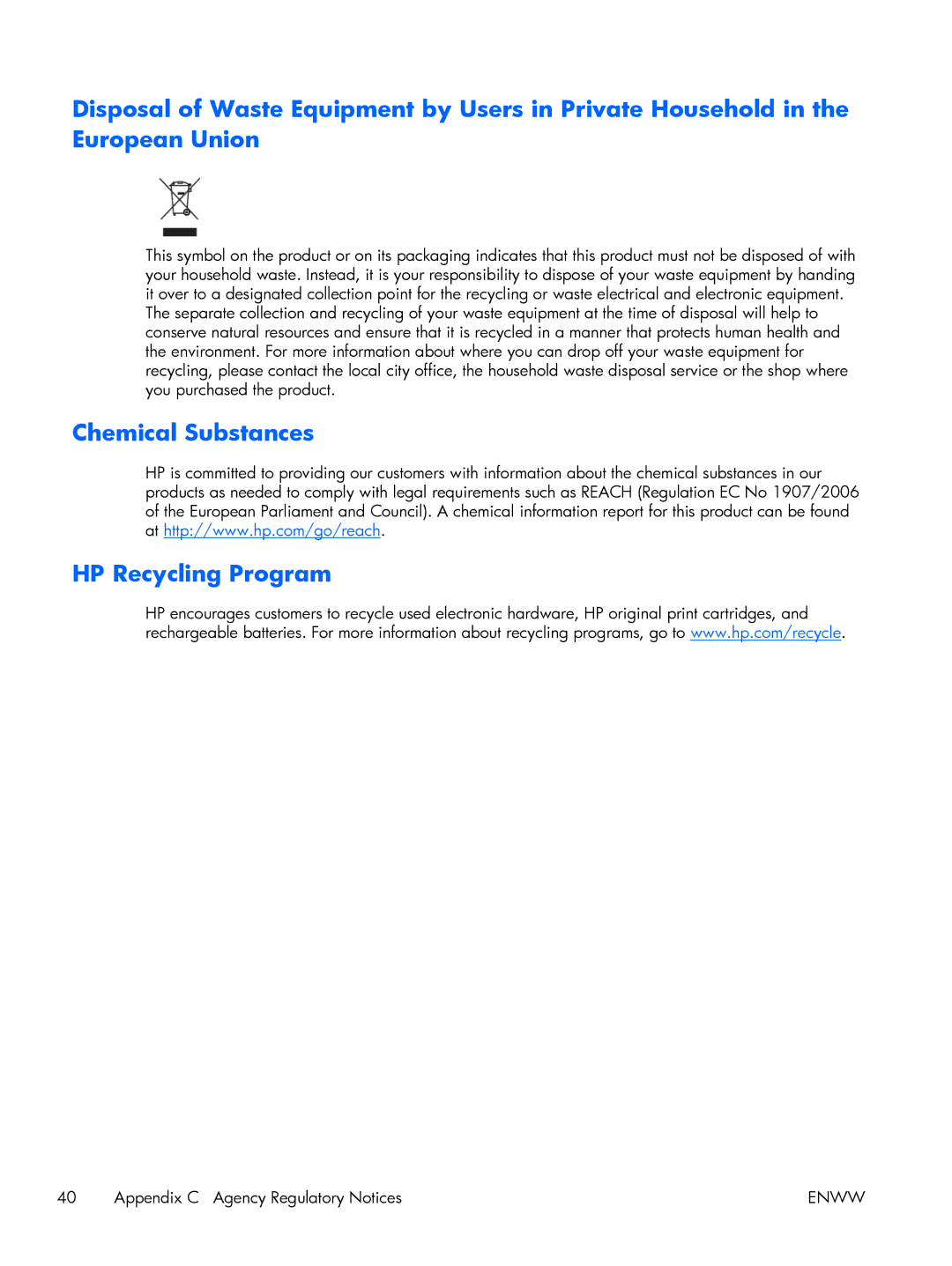 HP 2011x, 2311x, 2311F, 2311CM, 2711x, 2211x, 2211F, 2011S manual Chemical Substances HP Recycling Program 