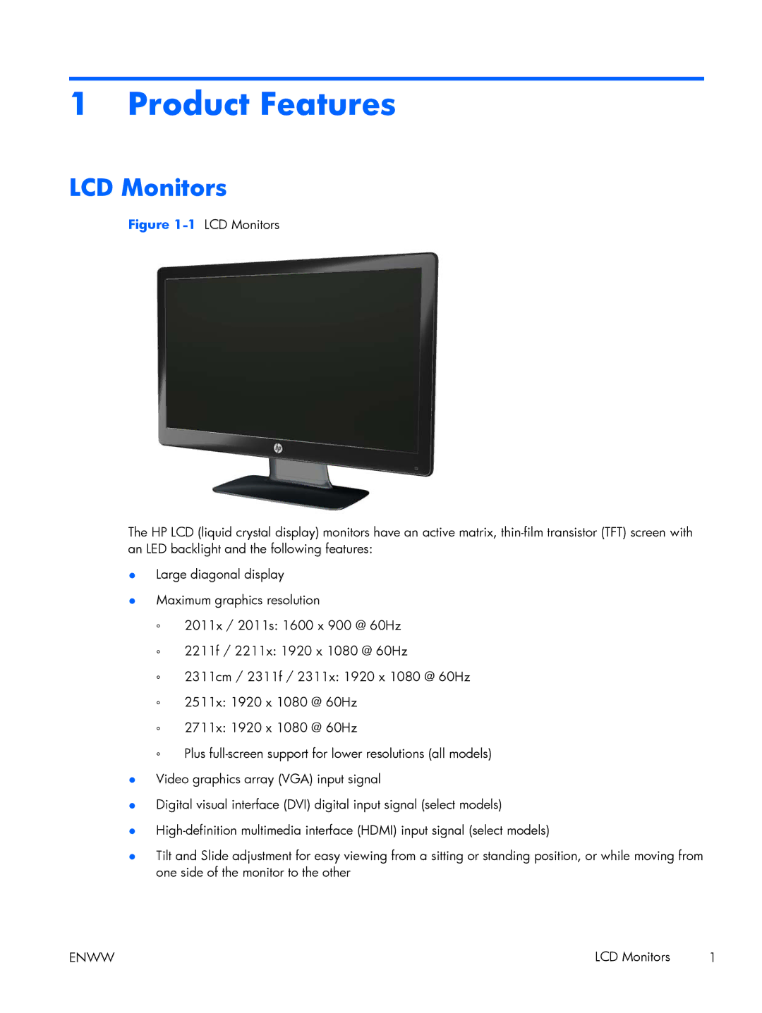 HP 2011S, 2311x, 2311F, 2311CM, 2711x, 2211x, 2211F, 2011x manual Product Features, LCD Monitors 