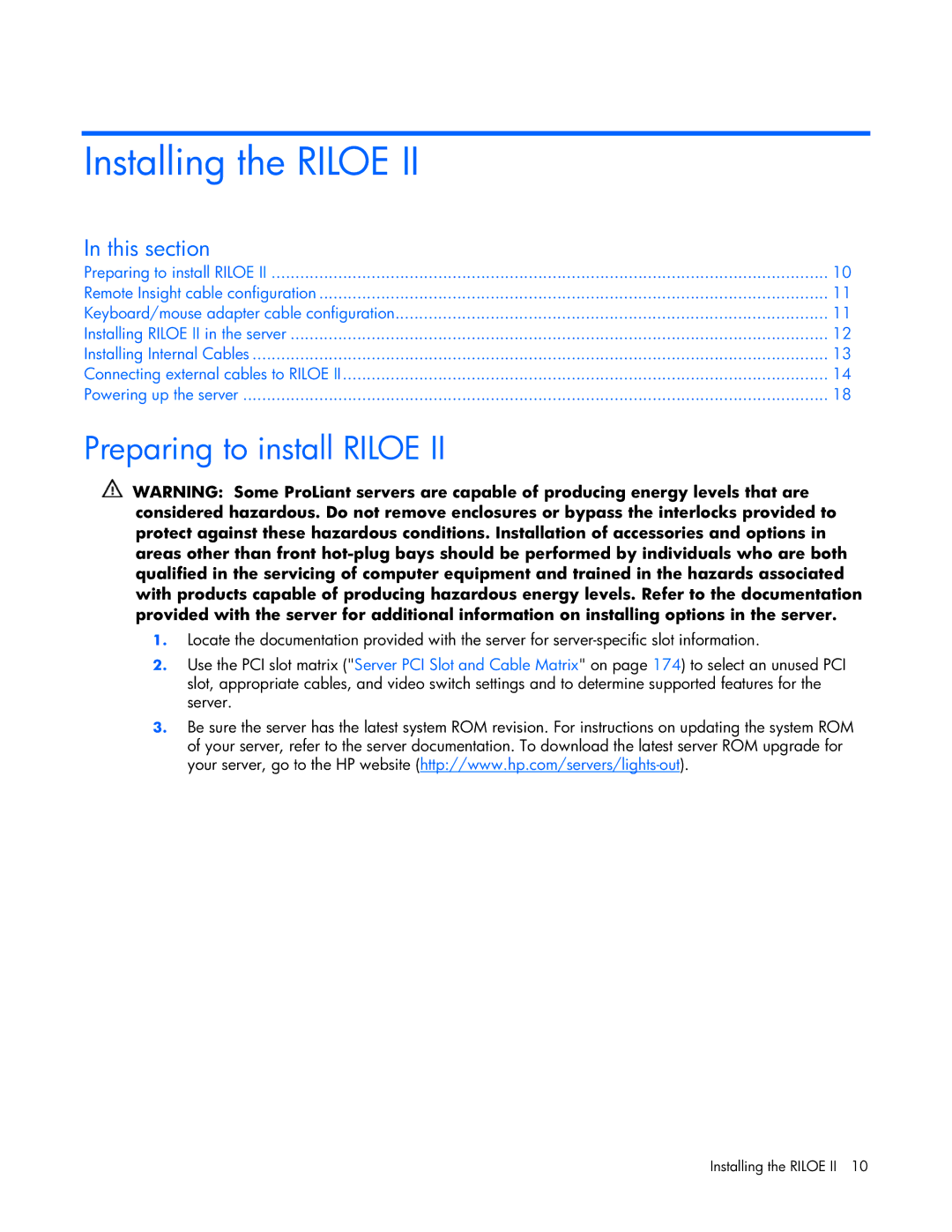 HP 232664-006 manual Installing the Riloe, Preparing to install Riloe 