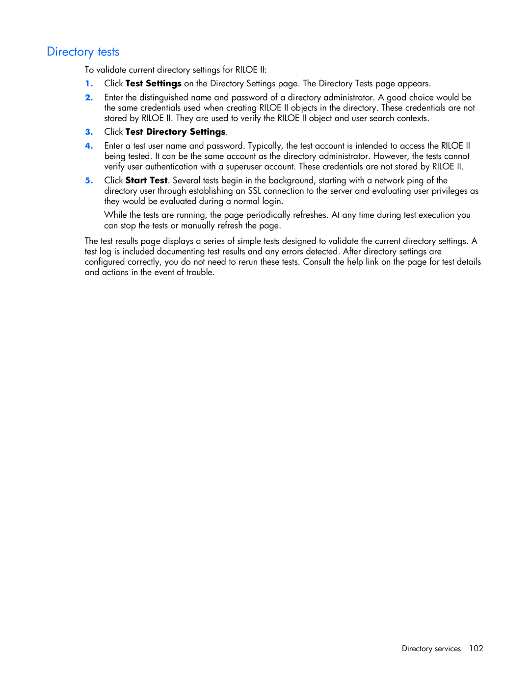 HP 232664-006 manual Directory tests, Click Test Directory Settings 
